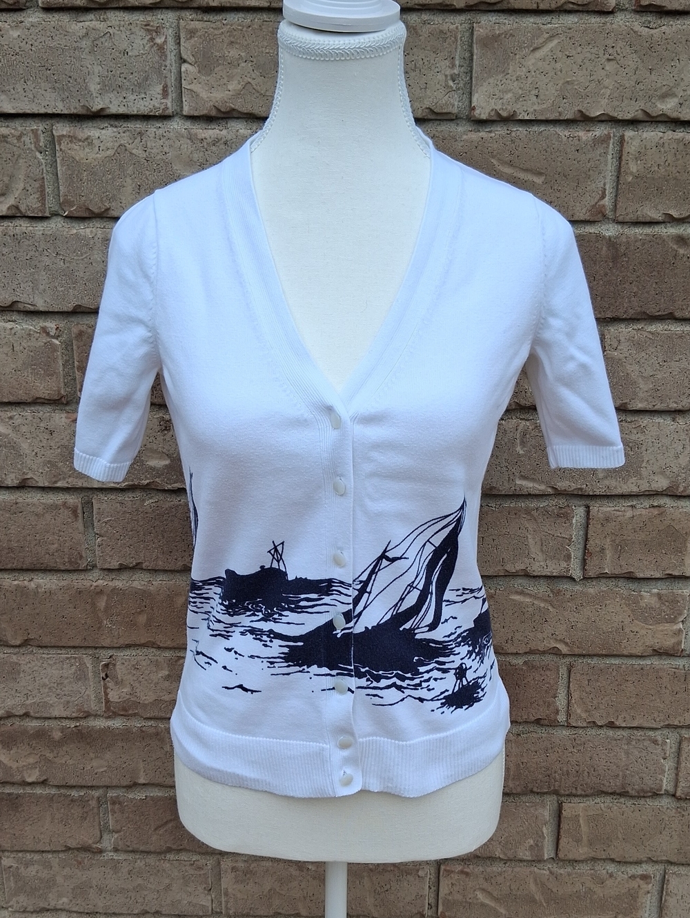 Talbots White Short-Sleeve Button Cardigan with Navy Sailboat Print